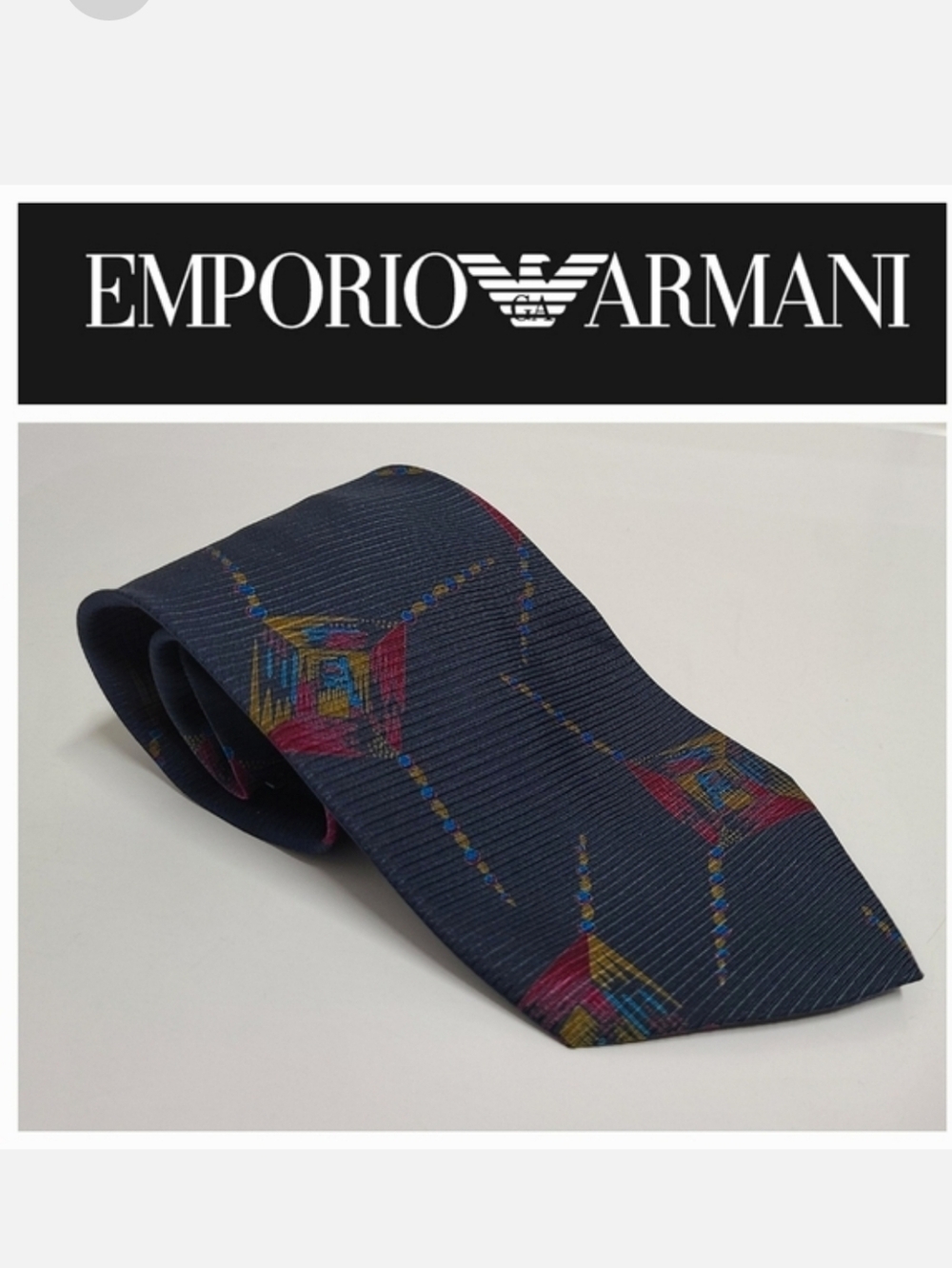 Giorgio Armani Cravatte Vintage Navy Print Handmade in Italy 100% Silk Tie